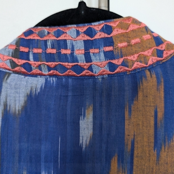 Soft Surroundings blue orange ikat embroidered duster kimono sz L NWT - Picture 8 of 9